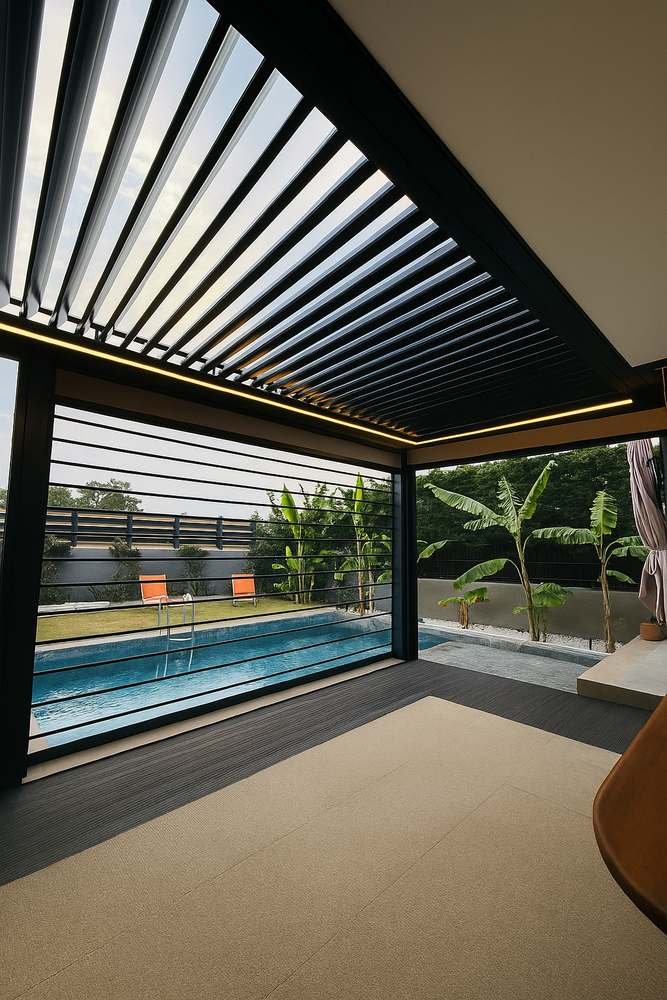 Havuz başında koyu renk biyoklimatik pergola